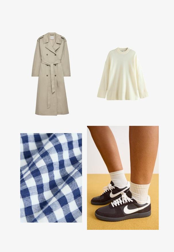 Beige trenchcoat gemaakt van lichtgewicht stof. Heeft een dubbelzijdige knopen, een ceintuur in de taille en een kraag met schouderepauletten.; Crèmewitte oversized trui gemaakt van zachte stof. Heeft een ribgebreide halslijn en manchetten, met een gladde uitstraling. Ideaal voor het dragen in lagen.; Katoenen stof met een blauw-wit geruit patroon heeft kleine, gelijkmatige ruiten. De textuur lijkt geweven en glad.; Zwarte en witte Nike sneakers met een bovenwerk van suede en leer, witte veters, gedragen met geribbelde crème sokken, tegen een gele achtergrond.