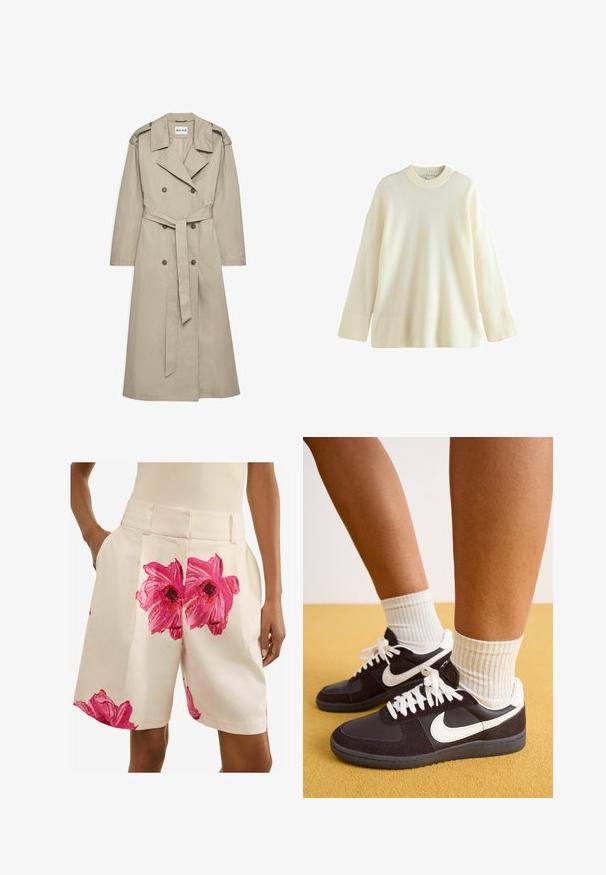 Gaiši brūns trenčkotis, kas izgatavots no viegla auduma. Iespējas ar dubultiem pogām, jostu vidukļa daļā un apkakli ar plecu uzplečiem.; Krēmkrāsas lielizmēra džemperis, izgatavots no maigas auduma. Tam ir ribota apkakle un aproces, ar gludu ķermeņa daļu. Ideāli piemērots slāņu veidošanai.; Next PETITE - FLORAL TAILORED - Šorti - ecru pink; Melnbalti Nike kedai ar zamša un ādas augšdaļu, baltām auklām, valkāti ar ribotām krēmkrāsas zeķēm, uz dzeltena fona.