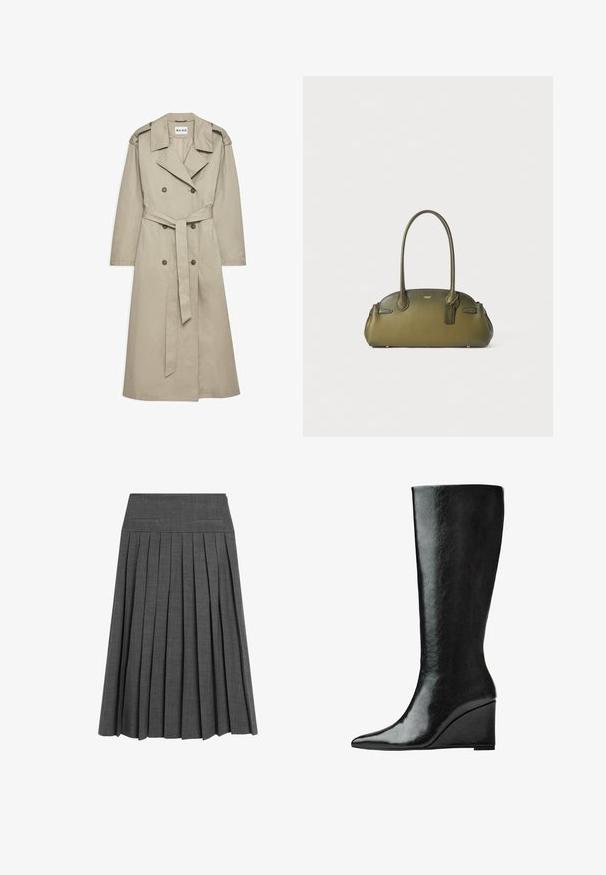 Beige trenchcoat gemaakt van lichtgewicht stof. Heeft een dubbelzijdige knopen, een ceintuur in de taille en een kraag met schouderepauletten.; Lichtblauw, langetermijnshirt van textiel met een open voorkant en een subtiele kraag. Heeft gefronste mouwen en een comfortabele pasvorm.; Grijze geplooide rok met een platte tailleband en subtiel textuurpatroon. Beschikt over gelijkmatig verdeelde, scherpe plooien voor een gestructureerde uitstraling.; Kniehoge zwarte leren laarzen met een slanke, puntige neus en een wiggle heel. Het oppervlak is glad met een glanzende afwerking.; Olijfgroene leren handtas met een gladde textuur, ronde vorm, dubbele bovenhandvatten en een labeldetail. Accenten in goudkleurig metaal.