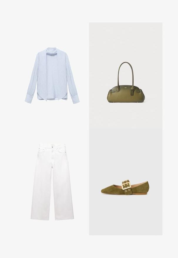 Beżowy płaszcz typu trencz wykonany z lekkiego materiału. Posiada podwójne guziki, paski w talii oraz kołnierz z naramiennikami.; Jasnoniebieska, długosleeve koszula z teksturowanej tkaniny, z otwartym przodem i subtelnym kołnierzykiem. Posiada mankiety z zapięciem oraz luźny krój.; Białe dżinsy o szerokich nogawkach wykonane z bawełny, z wysokim stanem, pięcioma kieszeniami oraz mosiężnymi detalami. Gładka, nieprzetarta faktura.; Zielono-oliwkowe zamszowe półbuty z szpiczastym noskiem, z szerokim paskiem i detalem w postaci złotej klamry, oraz płaską, brązową podeszwą.; Oliwkowa skórzana torebka o gładkiej fakturze, zaokrąglonym kształcie, podwójnych uchwytach na górze i detalach w postaci metki bagażowej. Akcenty w złotym kolorze.