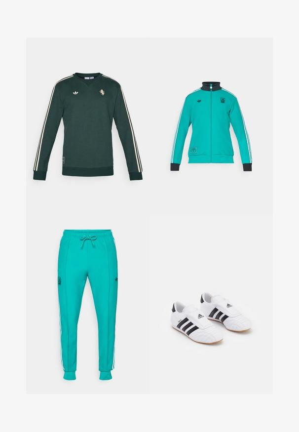 adidas Originals LIVERPOOL FC ICON TRACK TOP - Klubové oblečení - sea green; Zelená mikina s dlouhými rukávy, krémové pruhy na ramenou, vyšívané logo a strukturovaná tkanina. Obsahuje pružné manžety a lem.; adidas Originals LIVERPOOL FC ICON GRAPHIC T-SHIRT - Klubové oblečení - sea green; adidas Originals LIVERPOOL FC ICON TRACK PANT - Klubové oblečení - sea green; Bílé sportovní boty s černými pruhy, s texturou připomínající semiš, zaoblenou špičkou a suchým zipem. Gumová podrážka pro lepší přilnavost.
