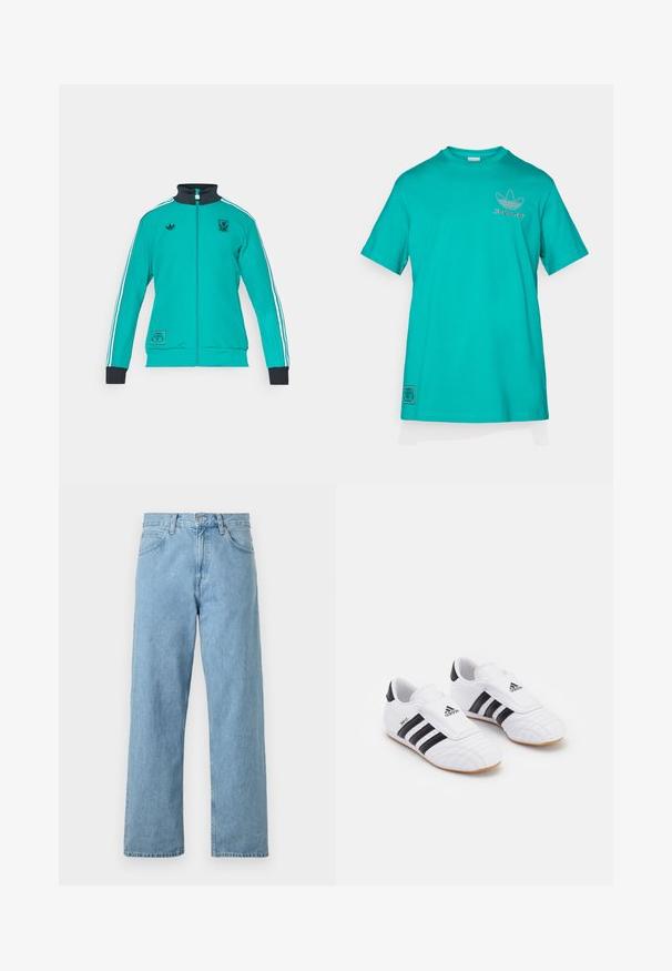adidas Originals LIVERPOOL FC ICON TRACK TOP - Club wear - sea green; adidas Originals LIVERPOOL FC ICON GRAPHIC T-SHIRT - Club wear - sea green; Light blue denim jeans with a straight leg design, five pockets, button and zipper closure, and a slightly faded finish.; White athletic shoes with black stripes, featuring a suede-like texture, rounded toe, and a Velcro strap. Rubber outsole for traction.