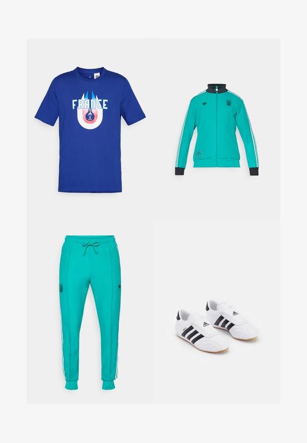 adidas Originals LIVERPOOL FC ICON miętowy; Niebieska bawełniana koszulka z napisem "FRANCJA" na białym tle, z okrągłą grafiką poniżej, przedstawiającą piłkę nożną oraz logo w kolorze czerwonym i niebieskim.; adidas Originals LIVERPOOL FC ICON miętowy; Białe buty sportowe z czarnymi paskami, charakteryzujące się zamszowym wyglądem, zaokrąglonym noskiem i rzepem. Gumowa podeszwa zapewniająca przyczepność.