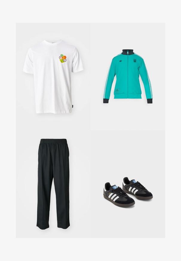 adidas Originals LIVERPOOL FC ICON TRACK TOP - Sporto klubų atributika - sea green; Balta medvilninė marškinėliai su apvaliu grafiniu dizainu, kuriame yra spalvingų vaisių, oranžinės, žalios ir geltonos spalvos, piešinių kairėje krūtinės pusėje.; Juodi sportiniai kelnių modeliai su elastinga juosmena, pagaminti iš šiurkščios medžiagos, su subtiliomis šoninėmis siūlėmis ir laisva, tiesia koja.; Juodi sportiniai bateliai su zomšos ir sintetine viršutine dalimi, turintys tris baltas juosteles, tekstūruotą gumos pado paviršių ir mėlyną logotipo etiketę ant liežuvėlio.