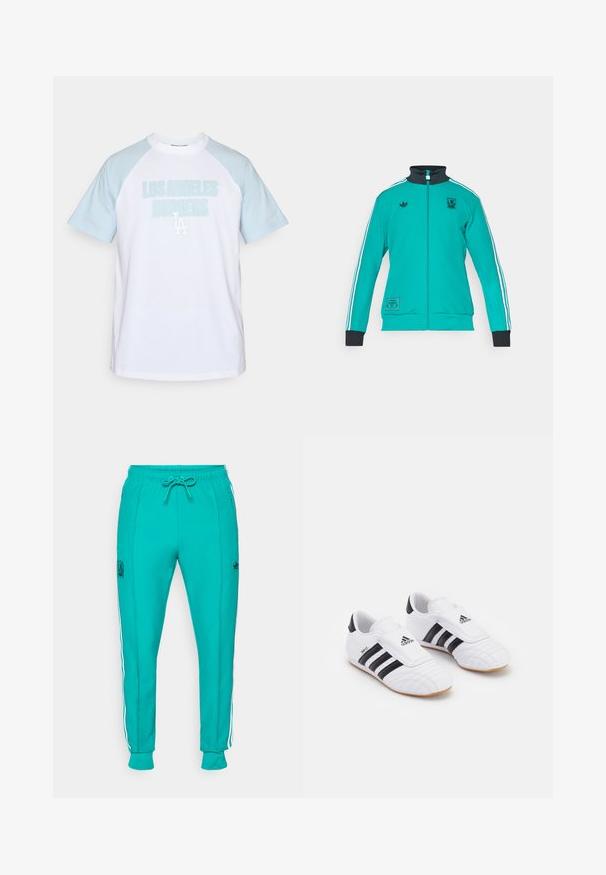 adidas Originals LIVERPOOL FC ICON TRACK TOP - Roupa de discoteca - sea green; T-shirt branca com mangas raglan azul claro, apresentando "LOS ANGELES DODGERS" em letras grandes e azuis claras e um pequeno logo "LA".; adidas Originals LIVERPOOL FC ICON TRACK PANT - Roupa de discoteca - sea green; Ténis atléticos brancos com riscas pretas, com uma textura semelhante ao camurça, bico arredondado e uma tira de Velcro. Sola de borracha para aderência.