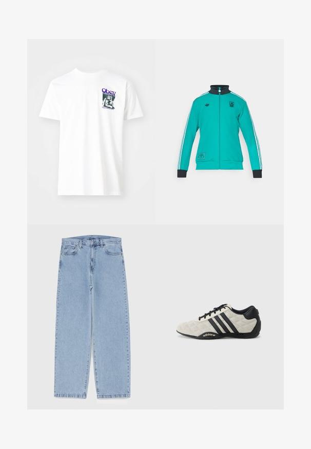 adidas Originals LIVERPOOL FC ICON TRACK TOP - Roupa de discoteca - sea green; T-shirt branca de algodão com uma impressão gráfica em púrpura, retratando uma figura sentada com o texto "Obey" e "Stop Worry Now!" em preto.; Jeans de denim azul claro com design de perna reta, apresentando uma cintura de altura média, cinco bolsos e um fecho de botão e zíper.; Sapatilha desportiva Adidas com um upper texturizado em cinza claro e pormenores em pele preta. Apresenta logotipo de três riscas pretas e sola com amortecimento.