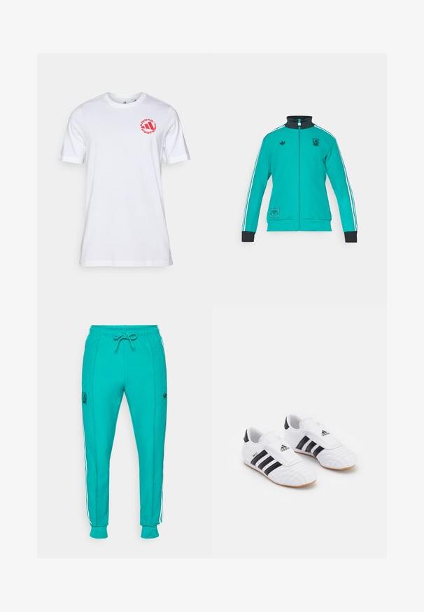 adidas Originals LIVERPOOL FC ICON TRACK TOP - Roupa de discoteca - sea green; T-shirt de algodão branco com gola redonda e mangas curtas. Logotipo circular vermelho com o texto "ADIDAS FOOTBALL" no peito.; adidas Originals LIVERPOOL FC ICON TRACK PANT - Roupa de discoteca - sea green; Ténis atléticos brancos com riscas pretas, com uma textura semelhante ao camurça, bico arredondado e uma tira de Velcro. Sola de borracha para aderência.
