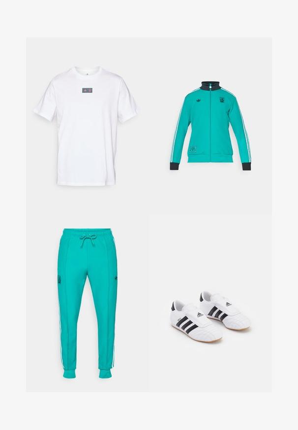 adidas Originals LIVERPOOL FC ICON TRACK TOP - Vereinsmannschaften - sea green; Weißes Baumwoll-T-Shirt mit Rundhalsausschnitt. Verfügt über ein rechteckiges Logo mit einem roten und blauen Design auf der Brust. Kurze Ärmel. Normale Passform.; adidas Originals LIVERPOOL FC ICON TRACK PANT - Vereinsmannschaften - sea green; Weiße Sportschuhe mit schwarzen Streifen, die eine samtähnliche Textur, eine abgerundete Zehe und einen Klettverschluss aufweisen. Gummisohle für besseren Halt.
