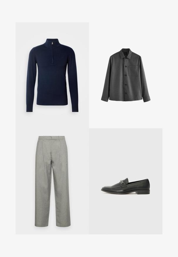 Szary koszula zapinana na guziki wykonana z teksturowanej tkaniny, z kołnierzykiem w kształcie litery V, długimi rękawami, kieszonką na piersi i pięcioma guzikami z przodu.; Ciemnoniebieski sweter z dzianiny z wysokim kołnierzem, posiadający półzamek i ściągacze przy mankietach. Gładka tekstura i minimalistyczny design.; Szare dopasowane spodnie z teksturowanej tkaniny, o prostym kroju nogawki, z fałdami z przodu oraz standardowym paskiem z szlufkami.; Czarne skórzane mokasyny o gładkim wykończeniu, z haftowanym wzorem i dekoracyjnym akcentem z metalowego łańcucha na wierzchu. Płaska pięta.