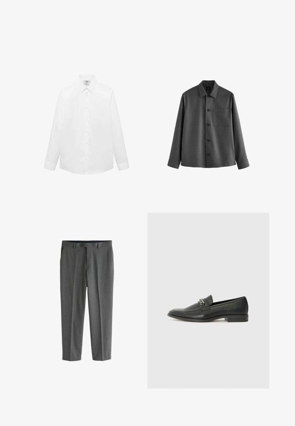 Grijze button-up shirt gemaakt van een gestructureerde stof, met een puntige kraag, lange mouwen, een borstzak en vijf knopen aan de voorkant.; Witte langlopende shirt met lange mouwen, gemaakt van gladde stof, met een klassieke kraag, knoopsluiting en een gebogen zoom. Minimalistisch ontwerp zonder patronen.; Grijze broek van stof met een gladde textuur, voorzien van een knoopsluiting, riemlussen en zijzakken. Rechtdoor lopend ontwerp.; Zwarte leren instapper met een gladde afwerking, voorzien van een gestikt ontwerp en een decoratieve metalen kettingaccent over de wreef. Platte hak.