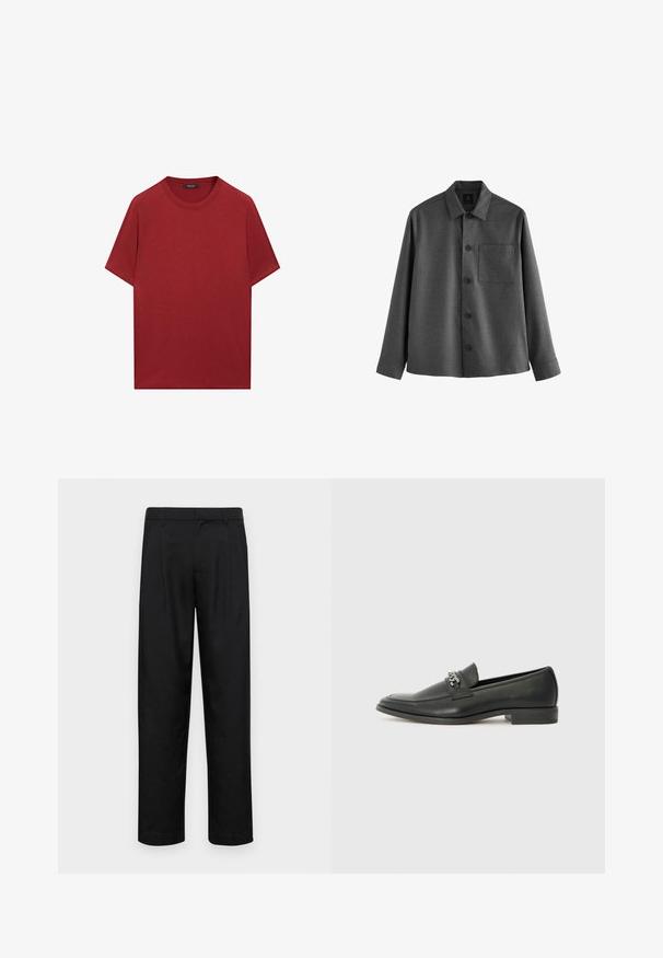 Camicia grigia con bottoni realizzata in un tessuto testurizzato, con colletto a punta, maniche lunghe, taschino sul petto e cinque bottoni frontali.; T-shirt rossa in cotone con maniche corte, colletto rotondo e texture liscia. Design semplice senza motivi o accenti visibili.; Pantaloni neri realizzati in tessuto liscio, caratterizzati da un taglio dritto, due pieghe frontali e una vita standard con passanti per la cintura.; Mocassino in pelle nera con finitura liscia, caratterizzato da un design cucito e da un accento decorativo in catena metallica sul vamp. Tacco piatto.