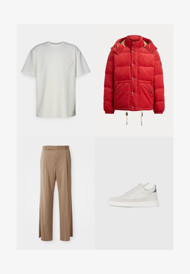 Chaqueta tipo puffer de pana roja con cuello alto, botones a presión, dos bolsillos delanteros y cordones ajustables en el bajo y la capucha.; Camiseta de manga corta en algodón color blanco roto, con un parche texturizado en forma de diamante y un diseño en relieve en el lado izquierdo del pecho.; Pantalones de corte recto en marrón claro con perneras rectas, lazos para cinturón, costura frontal y cierre oculto, exhibidos en plano sobre un fondo blanco.; Zapatillas de cuero blancas con acentos de ante gris, diseño con cordones, asa de tirón y suela de goma texturizada con un patrón en zigzag.