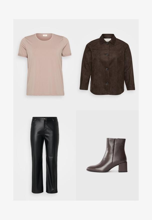 Jachetă din suede maro cu guler, cinci nasturi negri pe față și mâneci lungi. Textură netedă și croi potrivit.; Tricou scurt cu mânecă scurtă, de culoare roz deschis, cu guler rotund și mâneci răsucite, realizat dintr-un material neted și moale. Fără modele sau accente vizibile.; Pantaloni din piele ecologică negri, cu croială dreaptă, dotate cu bucle pentru curea, buzunare frontale și închidere cu fermoar și buton. Textură netedă.; Botină din piele maro, cu un design elegant, vârf ascuțit și toc pătrat. Textură netedă și siluetă minimală.