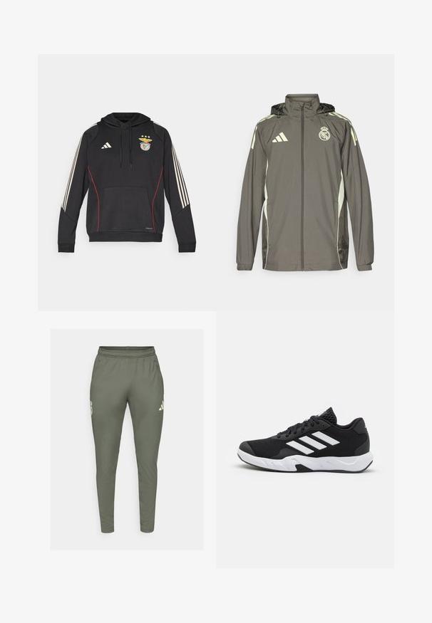 Giacca impermeabile grigia con cappuccio, accentuata da dettagli verde chiaro, chiusura con zip e logo ricamato. Presenta tasche laterali e polsini elastici.; Felpa nera Adidas con tasca frontale, dettagli rossi e tre strisce beige su ciascun manica. Presenta un logo del Benfica e cappuccio con cordini.; Pantaloni da jogging verde oliva con una vestibilità slim, vita elasticizzata e tasche laterali. Presentano un logo sulla coscia sinistra e dettagli a contrasto.; Scarpe da ginnastica nere con una tomaia in mesh texturizzata, strisce bianche di accento, suola imbottita e tallone rinforzato per supporto.