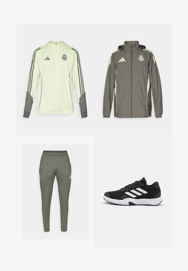 Giacca impermeabile grigia con cappuccio, accentuata da dettagli verde chiaro, chiusura con zip e logo ricamato. Presenta tasche laterali e polsini elastici.; Felpa con cappuccio verde chiaro con accenti grigi, dotata di tre strisce nere sulle maniche, logo Adidas e crest di Real Madrid.; Pantaloni da jogging verde oliva con una vestibilità slim, vita elasticizzata e tasche laterali. Presentano un logo sulla coscia sinistra e dettagli a contrasto.; Scarpe da ginnastica nere con una tomaia in mesh texturizzata, strisce bianche di accento, suola imbottita e tallone rinforzato per supporto.