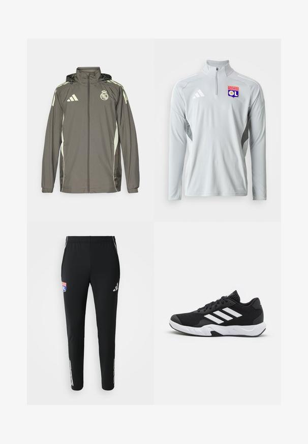 Graue wasserdichte Jacke mit Kapuze, hellgrünen Akzenten, Reißverschluss und gesticktem Logo. Verfügt über Seitentaschen und elastische Bündchen.; Helles graues Langarm-Sportpullover mit halbseitigem Reißverschlusskragen, ausgestattet mit weißen seitlichen Akzenten und einem gestickten Olympique Lyonnais-Logo.; Schwarze Sporthosen im Slim Fit. Mit grauem Adidas-Logo an den Seiten und buntem Teamemblem auf der Vorderseite. Hergestellt aus glattem, dehnbarem Material.; Schwarze Sportschuhe mit einem strukturierten Mesh-Obermaterial, weißen Akzentstreifen, einer gepolsterten Sohle und einer verstärkten Ferse für Unterstützung.