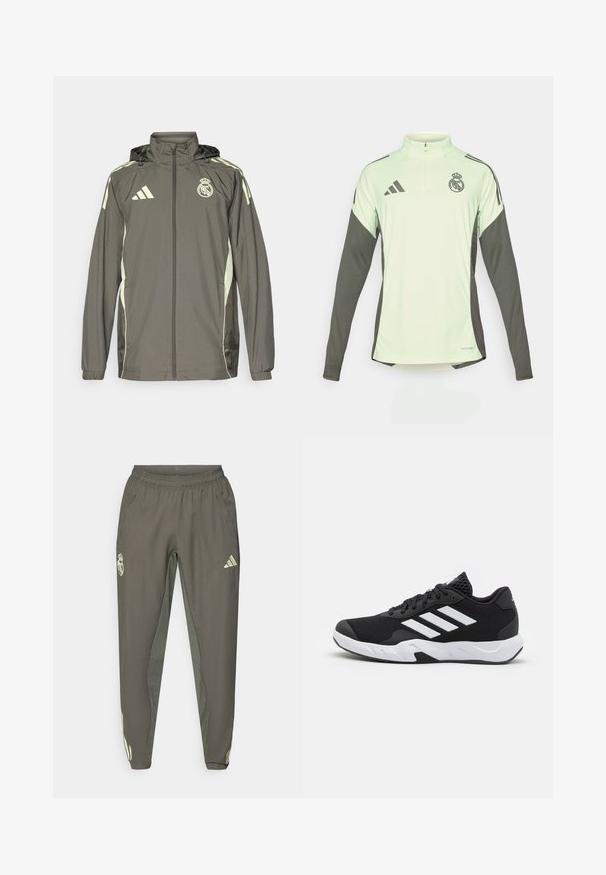 Hallide hall jacket, millel on kapuuts, heledad rohelised aktsendid, lukuga sulgemine ja tikandiga logo. Omab küljetaskuid ja elastseid mansette.; Hele rohelise pikkade varrukatega jerser, tumehallide aktsentidega, poolel tõmblukuga kaelus ja Real Madridi logo. Valmistatud hingavast kangast.; Hallid hallid spordipüksid elastse vöökohtaga, millel on tekstuurne viimistlus ja kontrastsete roheliste küljeaktsentidega. Sisaldab logo detaili.; Mustad mustosportlikud jalanõud, millel on tekstuuriga võrkpealne, valged aksenttriibud, pehme tallaga ja tugevdatud konts toe jaoks.