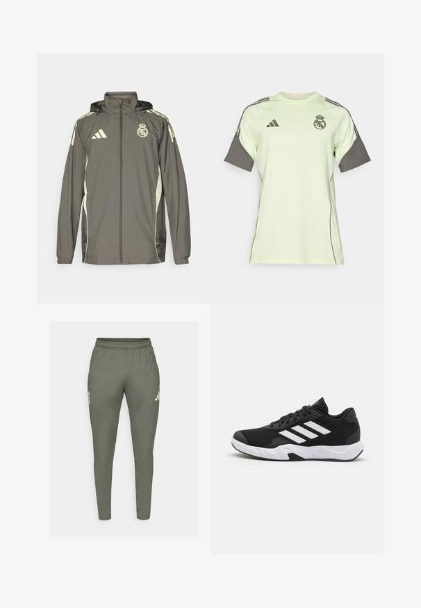 Šedá vodotěsná bunda s kapucí, s výraznými světle zelenými detaily, zapínání na zip a vyšitým logem. Obsahuje boční kapsy a elastické manžety.; Světle zelené tričko s krátkým rukávem, šedými akcenty, černým logem a pruhy. Vyrobeno z prodyšného materiálu, navrženo pro sportovní oblečení.; Olivově zelené sportovní kalhoty s úzkým střihem, elastickým pasem a bočními kapsami. Na levém stehně se nachází logo a kontrastní detaily.; Černé sportovní boty s texturovaným síťovaným svrškem, bílými akcentními pruhy, polstrovanou podrážkou a vyztuženým patem pro podporu.