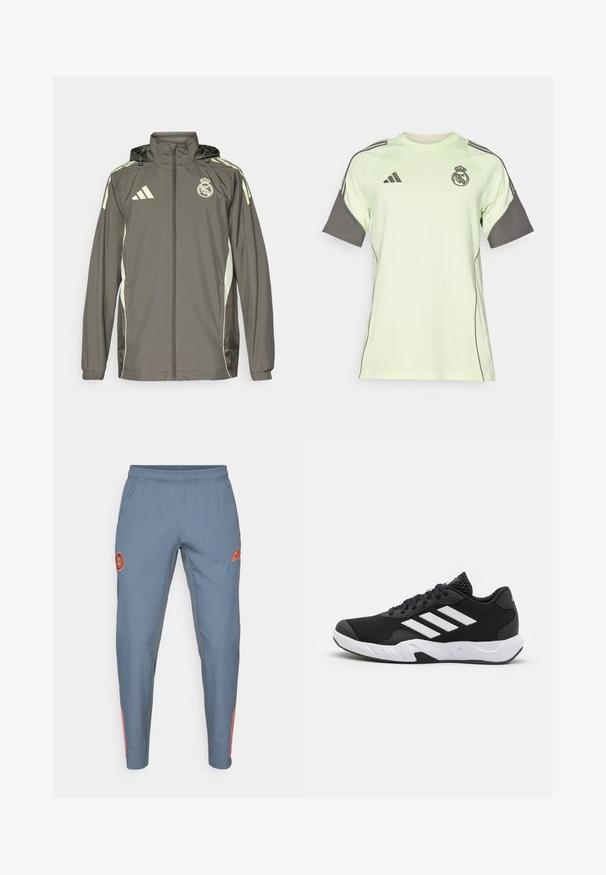 Szürke vízálló dzseki kapucnival, világoszöld díszítéssel, cipzáras záródással és hímzett logóval. Oldalsó zsebekkel és rugalmas mandzsettákkal rendelkezik.; Világos zöld, rövid ujjú póló szürke díszítésekkel, fekete logóval és csíkokkal. Lélegző anyagból készült, sportoláshoz tervezett.; Világoskék sportnadrág, elasztikus derékkal, narancssárga logóval és három narancssárga csíkkal a külső lábon.; Fekete sportcipők, textúrált hálós felsőrésszel, fehér díszcsíkokkal, párnázott talppal és megerősített sarokkal a stabilitás érdekében.
