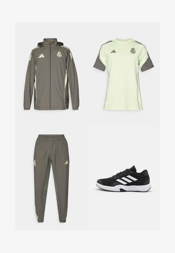 Harso vedenpitävä takki hupulla, vaaleanvihreillä yksityiskohdilla, vetoketjukiinnitys ja brodeerattu logo. Siinä on sivutaskut ja joustavat hihansuut.; Vihreä lyhythihainen paita harmailla yksityiskohdilla, mustalla logolla ja raidoilla. Valmistettu hengittävästä materiaalista, suunniteltu urheiluvaatteeksi.; Harmaat urheiluhousut, joissa on joustava vyötärö, karhean pinnan ja erottuvan vihreän sivuvärityksen yksityiskohdat. Mukana logo.; Mustat urheilukengät, joissa on teksturoitu verkkomateriaali yläosassa, valkoiset korostusraidat, pehmustettu pohja ja vahvistettu kanta tuen vuoksi.