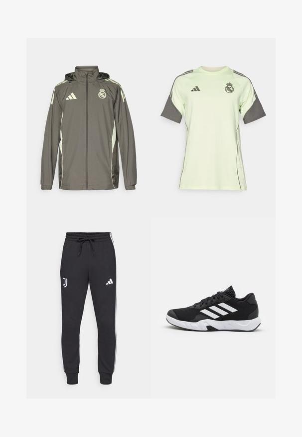 Šedá nepremokavá bunda s kapucňou, svetlozelenými akcentmi, zipsovým zapínaním a vyšitým logom. Obsahuje bočné vrecká a elastické manžety.; Svetlozelený krátky rukáv dres s šedými akcentmi, čiernym logom a pruhmi. Vyrobený z priedušného materiálu, určený na športové oblečenie.; Čierne tepláky s nastaviteľným pásom, s bielymi bočnými pruhmi a logami na ľavom a hornom pravom stehne. Mäkka tkanina.; Čierne športové topánky s textúrovaným sieťovinovým zvrškom, bielymi akcentovými pruhmi, polstrovanou podrážkou a spevneným pätou pre podporu.