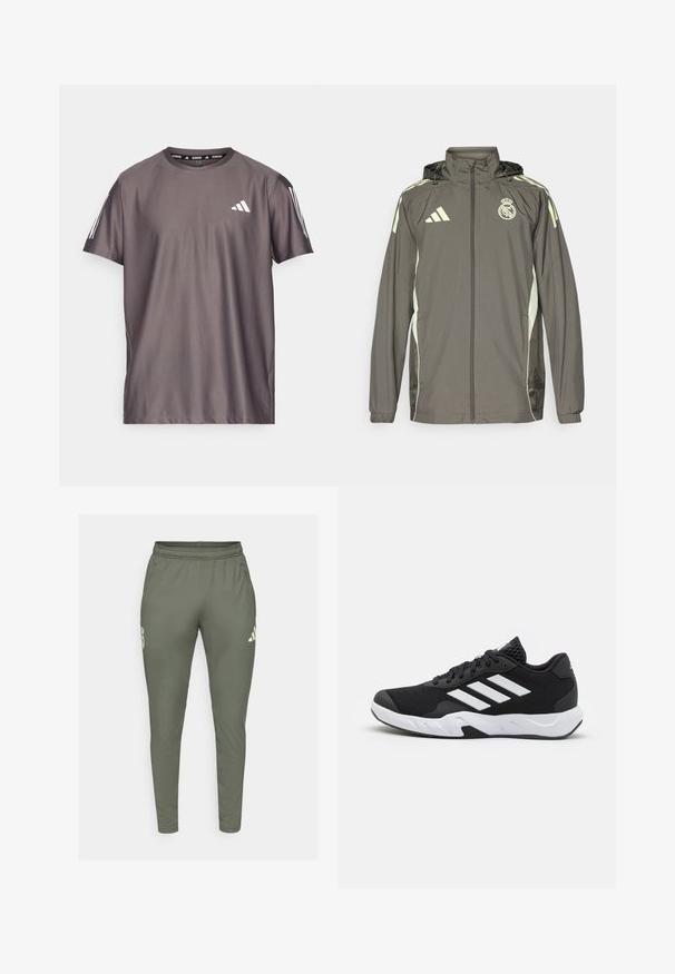 Grå vandtæt jakke med hætte, lysegrønne detaljer, lynlåslukning og broderet logo. Har sidelommer og elastiske manchetter.; adidas Performance OTR B - Sports T-shirts - charcoal; Olivengrønne træningsbukser med slim fit, elastisk talje og sidelommer. Har et logo på venstre lår og kontrasterende detaljer.; Sorte atletiksko med en tekstureret mesh-overdel, hvide accentstriber, en polstret sål og en forstærket hæl for støtte.