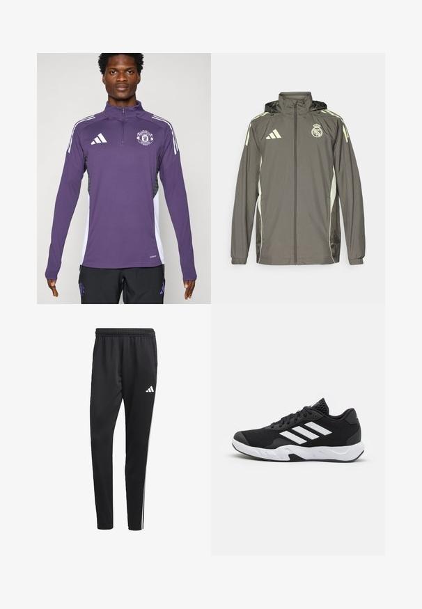 Jachetă impermeabilă gri cu glugă, accente verde deschis, închidere cu fermoar și logo brodat. Dispune de buzunare laterale și manșete elastice.; Jachetă sportivă mov cu guler cu fermoar, având dungi albe pe umeri și logo-ul Manchester United. Fabricată din material neted și ușor.; Pantaloni sport negru cu un brâu elastic, dungi albe pe lateral și un mic logo alb pe coapsă. Realizați dintr-un material neted și ușor.; Pantofi sport negri cu un material din plasă texturată, benzi albe de accent, o talpă cushioned și un călcâi întărit pentru suport.