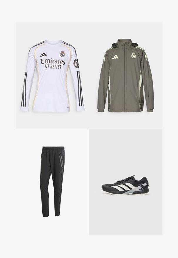 Szürke vízálló dzseki kapucnival, világoszöld díszítéssel, cipzáras záródással és hímzett logóval. Oldalsó zsebekkel és rugalmas mandzsettákkal rendelkezik.; Fehér hosszú ujjú mez fekete és sárga kiegészítőkkel, az "Emirates Fly Better" logóval és a Real Madrid címerével, könnyű szintetikus anyagból készült.; Fekete sportos nadrág elasztikus derékrésszel, két cipzáras oldalzsebbel, szűkített fazonnal és fényvisszaverő részletekkel az elején.; Fekete sportcipő fehér csíkokkal, hálós felsőrész, kerek orr és párnázott talp. Texturált sarokkal és biztonságos fűzőrendszerrel rendelkezik.