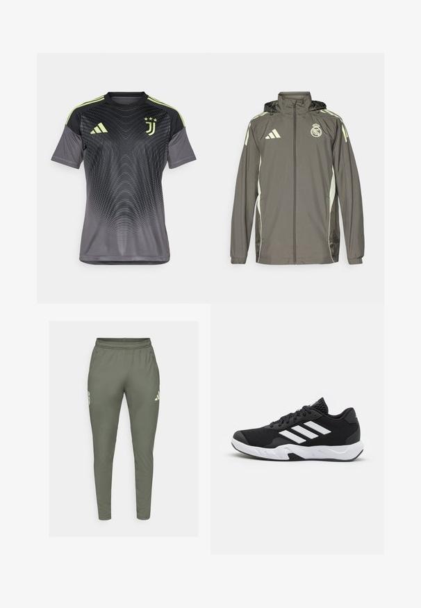 Šedá vodotěsná bunda s kapucí, s výraznými světle zelenými detaily, zapínání na zip a vyšitým logem. Obsahuje boční kapsy a elastické manžety.; Šedý sportovní dres s gradientním designem, černými rukávy, třemi zelenými pruhy na ramenou a logem Juventusu.; Olivově zelené sportovní kalhoty s úzkým střihem, elastickým pasem a bočními kapsami. Na levém stehně se nachází logo a kontrastní detaily.; Černé sportovní boty s texturovaným síťovaným svrškem, bílými akcentními pruhy, polstrovanou podrážkou a vyztuženým patem pro podporu.