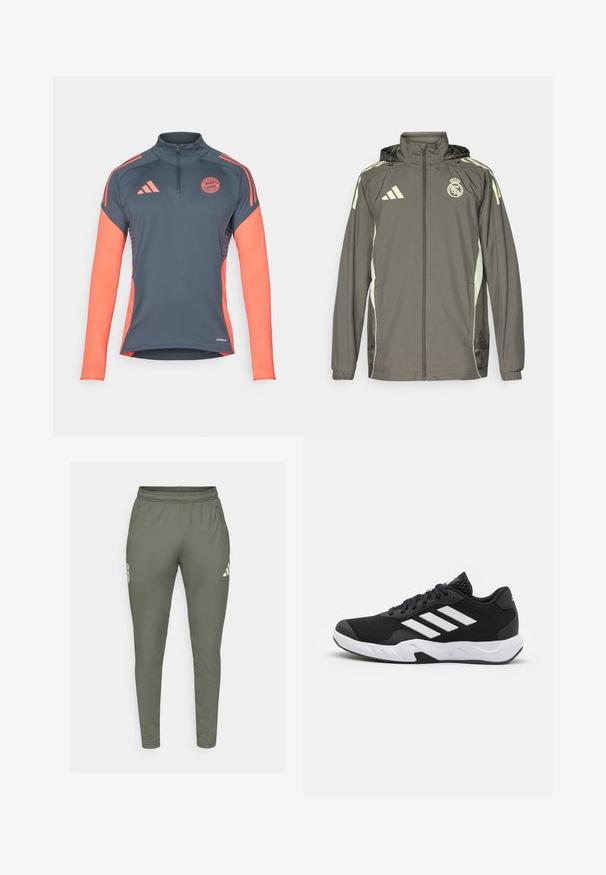 Szürke vízálló dzseki kapucnival, világoszöld díszítéssel, cipzáras záródással és hímzett logóval. Oldalsó zsebekkel és rugalmas mandzsettákkal rendelkezik.; Szürke sport hosszúujjú póló negyed cipzárral, korall színű díszítéssel a vállán és az ujjakon, Bayern München logóval a mellkason. Aeroready technológia.; Olíva zöld sportnadrág karcsú fazonban, elasztikus derekkal és oldalzsebekkel. Bal combján logó található, kontrasztos díszítéssel.; Fekete sportcipők, textúrált hálós felsőrésszel, fehér díszcsíkokkal, párnázott talppal és megerősített sarokkal a stabilitás érdekében.