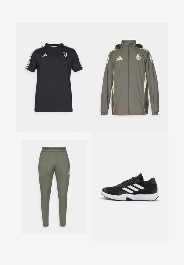 Šedá vodotěsná bunda s kapucí, s výraznými světle zelenými detaily, zapínání na zip a vyšitým logem. Obsahuje boční kapsy a elastické manžety.; Černé tričko s krátkým rukávem vyrobené z bavlněné směsi, s bílým logem Adidas a emblemem Juventusu na hrudi, s bílými bočními pruhy.; Olivově zelené sportovní kalhoty s úzkým střihem, elastickým pasem a bočními kapsami. Na levém stehně se nachází logo a kontrastní detaily.; Černé sportovní boty s texturovaným síťovaným svrškem, bílými akcentními pruhy, polstrovanou podrážkou a vyztuženým patem pro podporu.