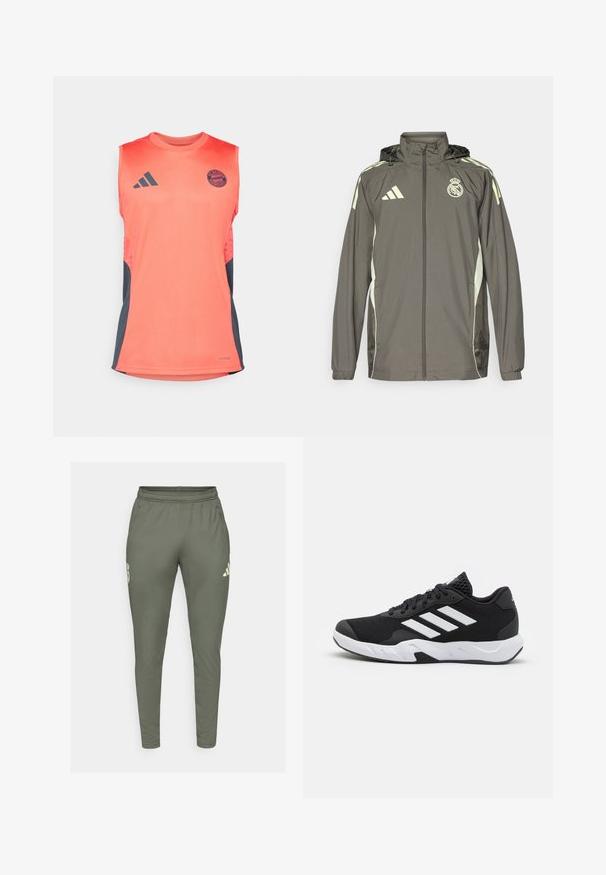 Hallide hall jacket, millel on kapuuts, heledad rohelised aktsendid, lukuga sulgemine ja tikandiga logo. Omab küljetaskuid ja elastseid mansette.; Korallipunasest ilma varrukateta sporditunikas tumedate hallide küljepaneelidega. Oma koostiselt kerge kangas. Omab Adidas logo ja FC Bayern Müncheni embleemi.; Olive roheline spordipüksid kitsas lõikes, elastse talje ja küljetaskutega. Vasakul reiel on logo ja kontrastsed aktsendid.; Mustad mustosportlikud jalanõud, millel on tekstuuriga võrkpealne, valged aksenttriibud, pehme tallaga ja tugevdatud konts toe jaoks.