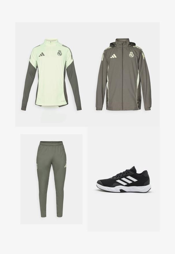 Šedá nepremokavá bunda s kapucňou, svetlozelenými akcentmi, zipsovým zapínaním a vyšitým logom. Obsahuje bočné vrecká a elastické manžety.; Svetlozelený dlhý rukáv s tmavosivými detailmi, polozipsovým golierom a logom Real Madrid. Vyrobené z priedušného materiálu.; Olive zelené tepláky so slim strihom, elastickým pásom a bočnými vreckami. Obsahujú logo na ľavom stehne a kontrastné akcenty.; Čierne športové topánky s textúrovaným sieťovinovým zvrškom, bielymi akcentovými pruhmi, polstrovanou podrážkou a spevneným pätou pre podporu.
