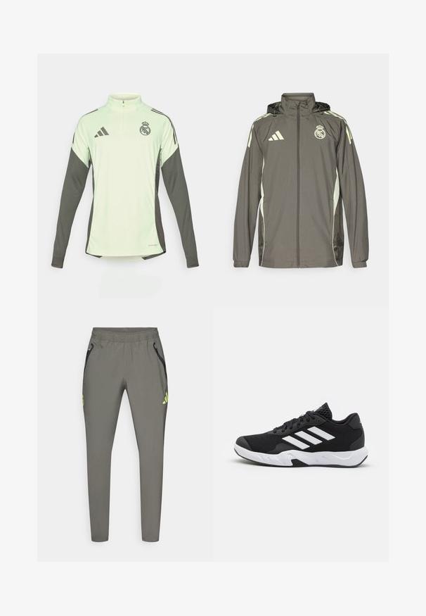 Gray waterproof jacket with a hood, light green accents, zip closure, and embroidered logo. Features side pockets and elastic cuffs.; Light green long-sleeve jersey with dark gray accents, half-zip neckline, and Real Madrid logo. Made from breathable fabric.; adidas Performance REAL MADRID C VISTECH P - Club wear - utility grey/semi frozen yellow; Black athletic shoes with a textured mesh upper, white accent stripes, a cushioned sole, and a reinforced heel for support.