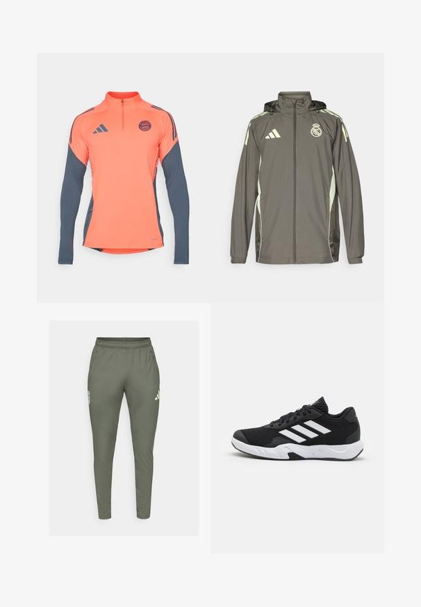 Hallide hall jacket, millel on kapuuts, heledad rohelised aktsendid, lukuga sulgemine ja tikandiga logo. Omab küljetaskuid ja elastseid mansette.; Oranzhi spordipaita pikkade hallide varrukatega, poolpikkusega kaelus, Adidas logo ja FC Bayern Munichi emblem rinnal. Sile kangas, modernne disain.; Olive roheline spordipüksid kitsas lõikes, elastse talje ja küljetaskutega. Vasakul reiel on logo ja kontrastsed aktsendid.; Mustad mustosportlikud jalanõud, millel on tekstuuriga võrkpealne, valged aksenttriibud, pehme tallaga ja tugevdatud konts toe jaoks.