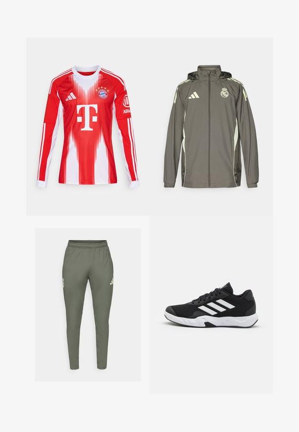 Jachetă impermeabilă gri cu glugă, accente verde deschis, închidere cu fermoar și logo brodat. Dispune de buzunare laterale și manșete elastice.; Cămașă de fotbal cu mânecă lungă, roșie și albă, cu gradienturi, logo-ul clubului și trei dungi pe mâneci, fabricată din material respirabil.; Pantaloni de trening verde măslin cu croi slim, talie elastică și buzunare laterale. Prezintă un logo pe coapsa stângă și accente contrastante.; Pantofi sport negri cu un material din plasă texturată, benzi albe de accent, o talpă cushioned și un călcâi întărit pentru suport.