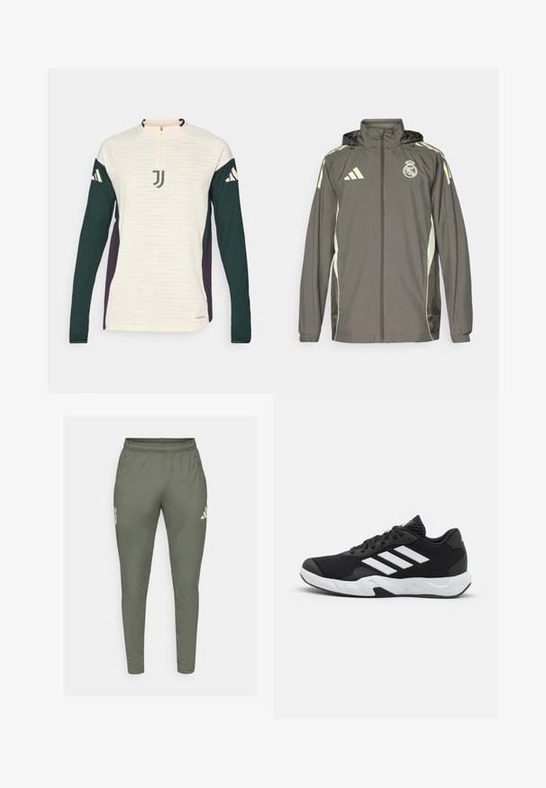Gray waterproof jacket with a hood, light green accents, zip closure, and embroidered logo. Features side pockets and elastic cuffs.; adidas Performance JUVENTUS 25/26 TIRO25 EUROPEAN PRO TRAINING TOP - Club wear - ecru tint; Olive green track pants with a slim fit, elastic waistband, and side pockets. Features a logo on the left thigh and contrasting accents.; Black athletic shoes with a textured mesh upper, white accent stripes, a cushioned sole, and a reinforced heel for support.