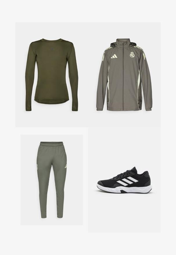 Harso vedenpitävä takki hupulla, vaaleanvihreillä yksityiskohdilla, vetoketjukiinnitys ja brodeerattu logo. Siinä on sivutaskut ja joustavat hihansuut.; Pitkähihainen urheilu paita oliivinvihreänä, valmistettu sileästä ja joustavasta kankaasta. Ominaisuuksiin kuuluu pyöreä kaula-aukko ja huomaamaton logo rinnassa.; Olivi vihreät urheiluhousut joissa on slim fit, joustava vyötärö ja sivutaskut. Ominaisuuksiin kuuluu logo vasemmassa reidessä ja kontrastiväriset yksityiskohdat.; Mustat urheilukengät, joissa on teksturoitu verkkomateriaali yläosassa, valkoiset korostusraidat, pehmustettu pohja ja vahvistettu kanta tuen vuoksi.