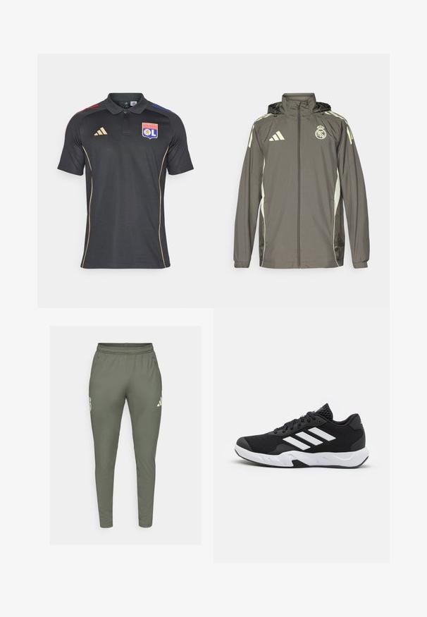 Pelēks ūdensnecaurlaidīgs jaka ar kapuci, gaiši zaļiem akcentiem, ar rāvējslēdzēju un izšūtu logotipu. Satur sānu kabatas un elastīgas aproces.; Melnā polo krekls, kas izgatavots no teksturētas auduma, ar apkakli, zelta akcentiem un krāsainām svītrām sarkanā un zilā krāsā uz pleciem. ietver logotipu.; Olīvu zaļas sporta bikses ar šauru piegriezumu, elastīgu jostasvietu un sānu kabatām. Satur logo uz kreisā augšstilba un kontrastējošus akcentus.; Melnas sporta kurpes ar teksturētu acu augšdaļu, baltām akcentu svītrām, mīkstu zoli un pastiprinātu papēdi atbalstam.