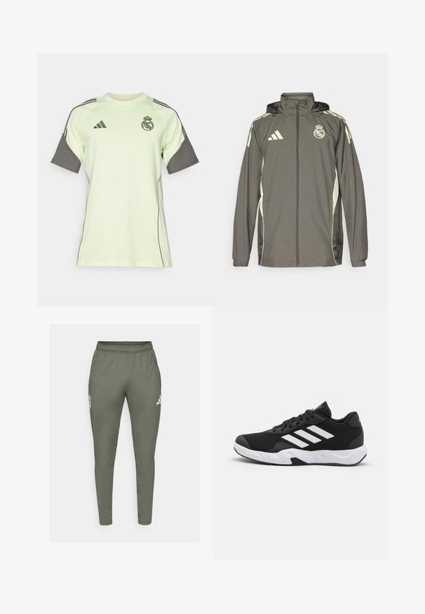 Pelēks ūdensnecaurlaidīgs jaka ar kapuci, gaiši zaļiem akcentiem, ar rāvējslēdzēju un izšūtu logotipu. Satur sānu kabatas un elastīgas aproces.; Gaiši zaļa īsām piedurknēm izstrādāta džersija ar pelēkiem akcentiem, melnu logotipu un svītrām. Izgatavota no elpojoša materiāla, paredzēta sporta apģēram.; Olīvu zaļas sporta bikses ar šauru piegriezumu, elastīgu jostasvietu un sānu kabatām. Satur logo uz kreisā augšstilba un kontrastējošus akcentus.; Melnas sporta kurpes ar teksturētu acu augšdaļu, baltām akcentu svītrām, mīkstu zoli un pastiprinātu papēdi atbalstam.