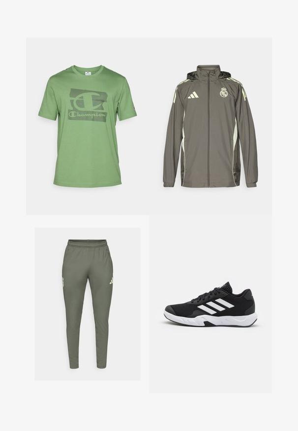Pilkas vandeniui atsparus džemperis su kapišonu, šviesiai žaliais akcentais, užtrauktuku ir išsiuvinėtu logotipu. Turi šonines kišenes ir elastines rankoves.; Žalias medvilninis marškinėliai trumpomis rankovėmis, su tekstūriniu juodu "Champion" logotipu priekyje ir apvaliu kaklu.; Olivinės spalvos siauri treningai su elastinga juosme, šoninėmis kišenėmis. Su logotipu ant kairiojo šlaunies ir kontrastingais akcentais.; Juodi sportiniai batai su tekstūruotu tinkliniu paviršiumi, baltais akcentų dryžiais, paminkštintu padu ir sustiprintu kulnu paramai.
