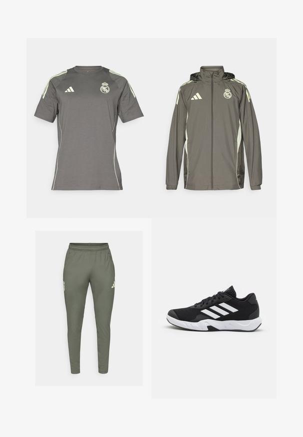 Šedá vodotěsná bunda s kapucí, s výraznými světle zelenými detaily, zapínání na zip a vyšitým logem. Obsahuje boční kapsy a elastické manžety.; Šedé sportovní tričko vyrobené z lehkého materiálu. Obsahuje limetkově zelené akcenty, krátké rukávy a logo Real Madrid na hrudi.; Olivově zelené sportovní kalhoty s úzkým střihem, elastickým pasem a bočními kapsami. Na levém stehně se nachází logo a kontrastní detaily.; Černé sportovní boty s texturovaným síťovaným svrškem, bílými akcentními pruhy, polstrovanou podrážkou a vyztuženým patem pro podporu.