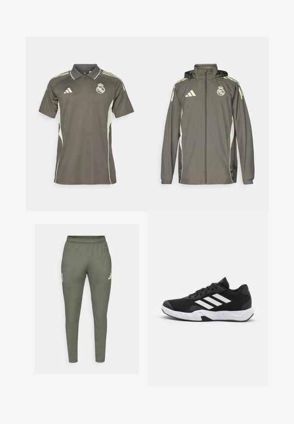 Szürke vízálló dzseki kapucnival, világoszöld díszítéssel, cipzáras záródással és hímzett logóval. Oldalsó zsebekkel és rugalmas mandzsettákkal rendelkezik.; Sötétszürke pólóing világoszöld részletekkel, texturált anyagból, gallérral és rövid ujjakkal, mellkason elhelyezett logóval és három csíkkal a vállakon.; Olíva zöld sportnadrág karcsú fazonban, elasztikus derekkal és oldalzsebekkel. Bal combján logó található, kontrasztos díszítéssel.; Fekete sportcipők, textúrált hálós felsőrésszel, fehér díszcsíkokkal, párnázott talppal és megerősített sarokkal a stabilitás érdekében.
