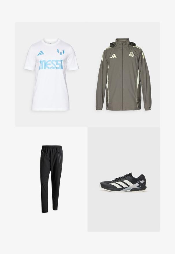 Hallide hall jacket, millel on kapuuts, heledad rohelised aktsendid, lukuga sulgemine ja tikandiga logo. Omab küljetaskuid ja elastseid mansette.; Valge puuvillane t-särk, millel on sinine "MESSI" tekst ja kaks sinist triipu õlgadel. Ümar kaelus, lühikesed varrukad.; Mustavad spordipüksid elastse vöökoha, kahe tõmblukuga küljetasku, kitsenevate säärete ning õrna logodetailiga puusadel.; Mustad sportlik jalanõud mustade värvidega, valgete triipudega, võrgusilma pealmine osa, ümar varvas ja pehme tallaga. Omab tekstureeritud kontsa ja kindlat paeltesüsteemi.