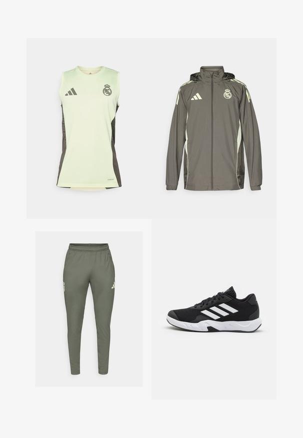 Harso vedenpitävä takki hupulla, vaaleanvihreillä yksityiskohdilla, vetoketjukiinnitys ja brodeerattu logo. Siinä on sivutaskut ja joustavat hihansuut.; Vihreä ilmanhiha jersey, jossa on tummanharmaat sivupaneelit, ja siinä on Real Madridin logo sekä Adidasin logo. Materiaali on kosteutta siirtävää.; Olivi vihreät urheiluhousut joissa on slim fit, joustava vyötärö ja sivutaskut. Ominaisuuksiin kuuluu logo vasemmassa reidessä ja kontrastiväriset yksityiskohdat.; Mustat urheilukengät, joissa on teksturoitu verkkomateriaali yläosassa, valkoiset korostusraidat, pehmustettu pohja ja vahvistettu kanta tuen vuoksi.