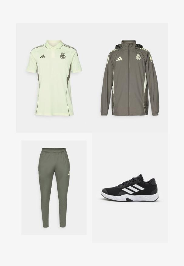 Szürke vízálló dzseki kapucnival, világoszöld díszítéssel, cipzáras záródással és hímzett logóval. Oldalsó zsebekkel és rugalmas mandzsettákkal rendelkezik.; Világoszöld pólóing rövid ujjakkal, fekete részletekkel és logóval a mellkason. Gallérral és három gombos légzéssel rendelkezik.; Olíva zöld sportnadrág karcsú fazonban, elasztikus derekkal és oldalzsebekkel. Bal combján logó található, kontrasztos díszítéssel.; Fekete sportcipők, textúrált hálós felsőrésszel, fehér díszcsíkokkal, párnázott talppal és megerősített sarokkal a stabilitás érdekében.