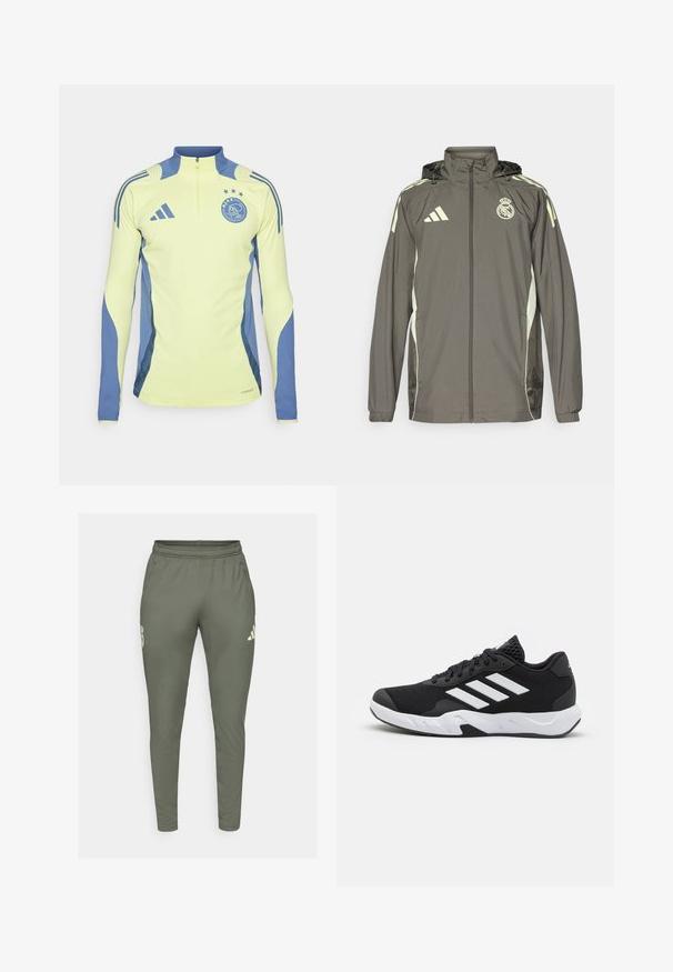 Chaqueta impermeable gris con capucha, detalles en verde claro, cierre de cremallera y logotipo bordado. Incluye bolsillos laterales y puños elásticos.; Camiseta deportiva de manga larga en amarillo fluorescente con paneles laterales azules, un acolchado con media cremallera y un logotipo con estrellas en el pecho.; Pantalones deportivos en color verde oliva con un corte ajustado, cintura elástica y bolsillos laterales. Presenta un logo en el muslo izquierdo y acentos en contraste.; Zapatillas deportivas negras con una parte superior de malla texturizada, rayas de acento blancas, suela acolchada y talón reforzado para mayor soporte.