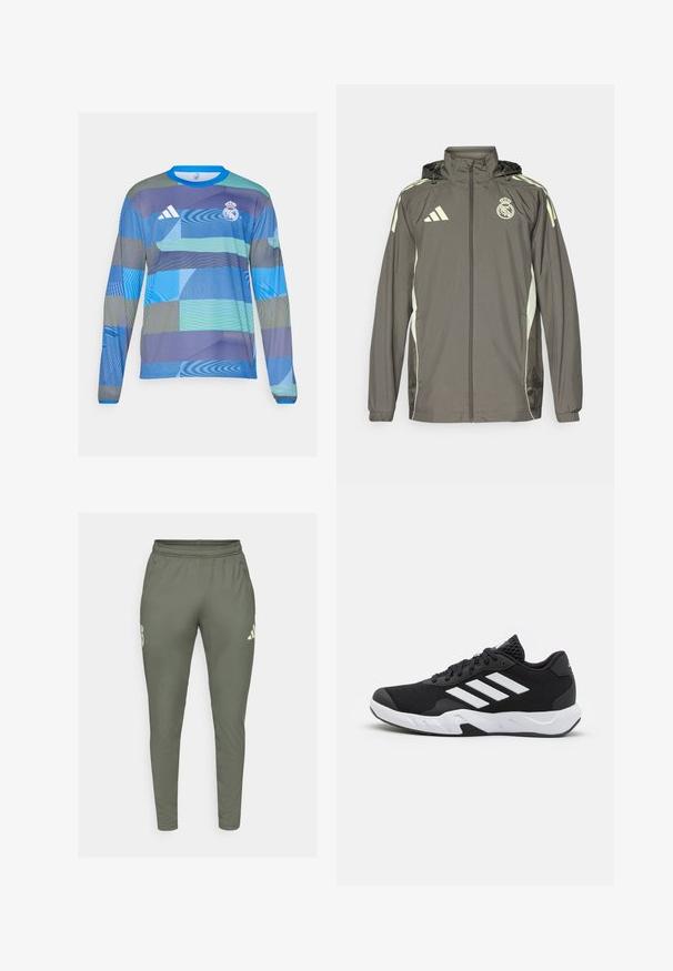 Grå vanntett jakke med hette, lysegrønne detaljer, glidelås, og brodert logo. Har sidelommer og elastiske mansjetter.; Langermet sportskjorte med et blått og grønt geometrisk mønster, laget av lett stoff med ribbet blå krage og Adidas-logo.; Olivengrønne træningsbukser med slim fit, elastisk talje og sidelommer. Har et logo på venstre lår og kontrastfarvede detaljer.; Sorte joggesko med teksturert mesh-overdel, hvite aksentstriper, en polstret såle og en forsterket hæl for støtte.