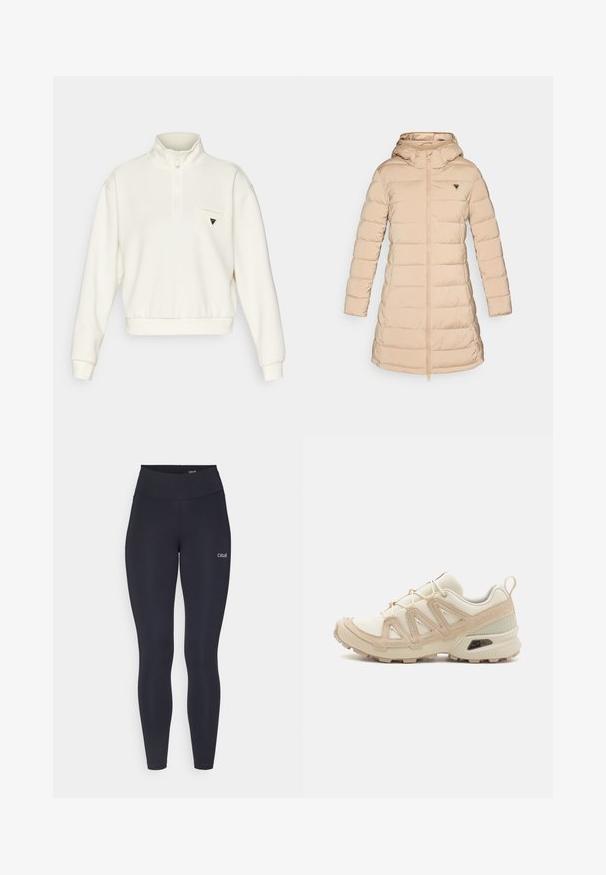 Lett beige pufferjakke med hette. Har ribbede mansjetter, glidelås foran og en trekantet logo på venstre bryst. Glatt tekstur.; Kremfarget genser med halv glidelås, ribbede ermer og kant. Har en liten logo på venstre brystlomme.; Marineblå langermet crop topp med høy hals og kvart glidelås, med teksturerte skulderpaneler og en tettsittende silhuett.; Svarte leggings med høy midje, laget av elastisk stoff, med en liten hvit logo på låret og en glatt tekstur.; Beige og krem joggesko med teksturert mesh-overdel, støttende overlegg og gummisåle med et mønster for godt grep.