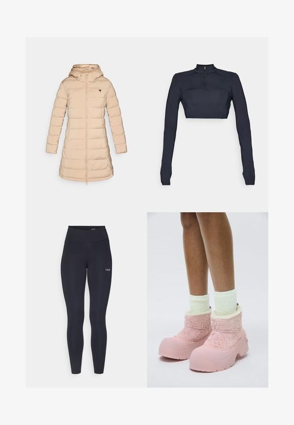 Világos bézs színű, kapucnis puffermellény. Jellemzői a bordázott mandzsetta, elülső cipzáras záródás és egy háromszög alakú logó a bal mellen. Simított felület.; Tengerészkék, hosszú ujjú, rövid fazonú felső, álló gallérral és negyed cipzárral, texturált vállpanelek kiemeléssel és testhez simuló szabással.; Fekete leggings magas derékkal, rugalmas anyagból készült, kis fehér logóval a combon és sima textúrával.; Rózsaszín gumicsizma texturált bolyhos felsőrésszel, puha béléssel és vastag talppal. Világoszöld bolyhos bokazoknival viselve.